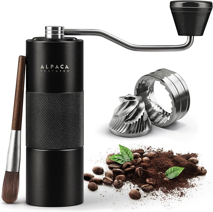 Manual Coffee Grinder by Alpaca Ventures - Stainless Steel Conical Burr Coffee Grinder Manual with Adjustable Setting Double Bearing Hand Espresso Grinder Perfect for Home, Office and Camping