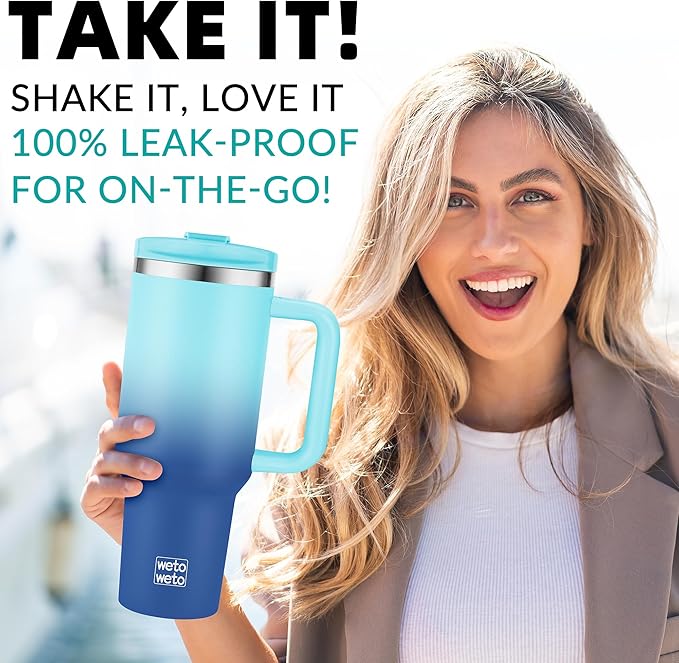 40oz Tumbler with Handle | Insulated Stainless Steel Travel Mug | 34Hrs Cold & 10Hrs Hot Retention | 100% Leakproof Lid & Straw | Dishwasher Safe + Car Cup Holder Fit (Light Dark Blue Gradient)