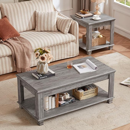 Farmhouse Coffee Tables for Living Room,Square Tea Table with Open Storage Shelf,Large Coffee Table,Rustic Wooden Center Table,Gray