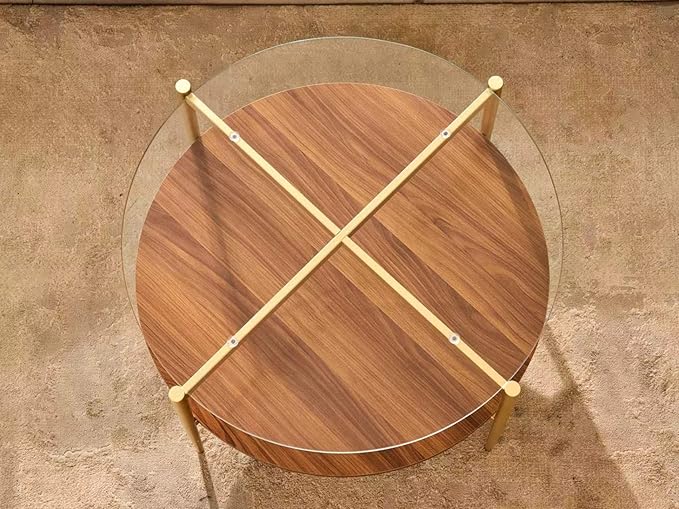 Shrine Round Glass Coffee Table, Mid-Century Modern Design, D30 x H17 in, 2-Tier Structure, Clear Glass Top and Walnut MDF Shelf, Sleek Conical Metal Legs with Gold Finish