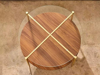 Shrine Round Glass Coffee Table, Mid-Century Modern Design, D30 x H17 in, 2-Tier Structure, Clear Glass Top and Walnut MDF Shelf, Sleek Conical Metal Legs with Gold Finish