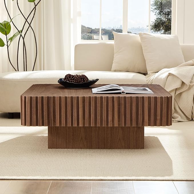 KEVINSPACE Square Wood Coffee Table, Fluted CoffeeTable Handcraft Drum TeaTable CenterTable for Living Room, Modern Wooden CocktailTable for Small Space, Easy Assembly 35.43" 15.75" H Walnut