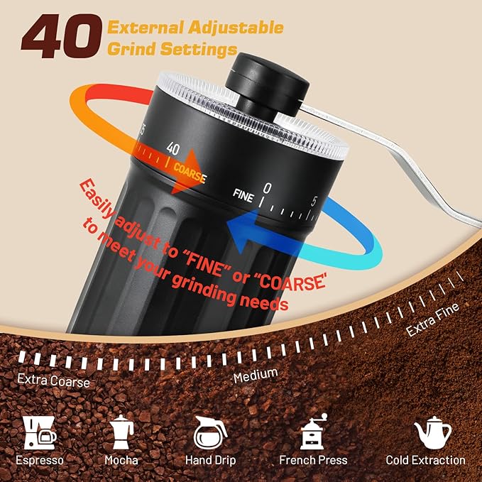 Manual Coffee Grinder, 25g Capacity Coffee Maker with 40 External Adjustable Settings, Conical Ceramic Burr Mill for Espresso Pour Over, Portable Espresso Grinder for Home Travel Camping Office