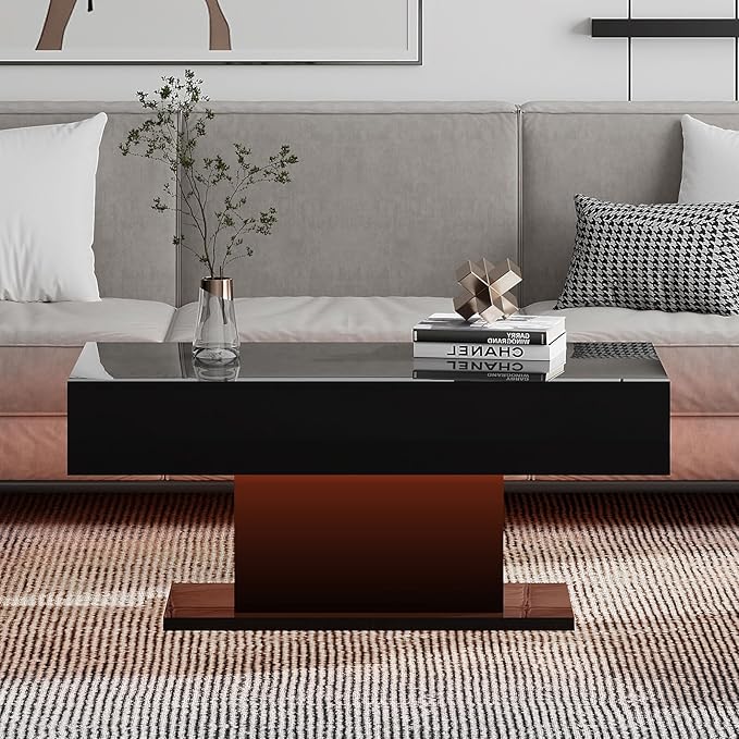 Led Coffee Table for Living Room, Living Room Table Rectangular Center Table, Modern High Glossy Wooden Coffee Tables with 16 Colors LED Lights for Dining Reception Room, Black