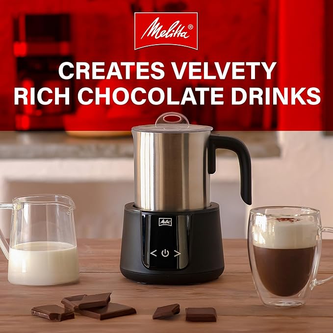 Melitta Montalatte Milk Frother | Hot & Cold Nano Foam Frother | Vegan Milk Warmer | Velvet Hot Chocolate Maker | Auto Switch | Stainless Steel Steamer with Unique Chocolate Blending Disk