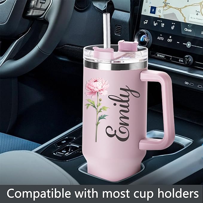 Ships Next Day,Birth Flower 40 Oz Tumbler with Handle and Straw, Personalized Tumbler with Name Insulated Cup Reusable Stainless Steel Water Bottle Travel Mug Christmas Birthday Gifts for Women