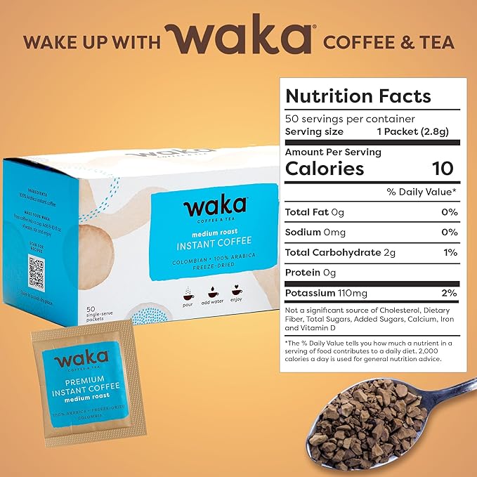 Waka Instant Coffee, Medium Roast - 100% Arabica Colombian Beans, Freeze Dried Granules, No Additives - Single Serve Packets for Quick Hot and Iced Coffees (50 Individual Coffee Packets)