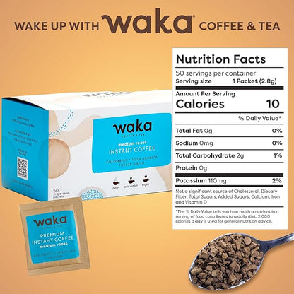 Waka Instant Coffee, Medium Roast - 100% Arabica Colombian Beans, Freeze Dried Granules, No Additives - Single Serve Packets for Quick Hot and Iced Coffees (50 Individual Coffee Packets)