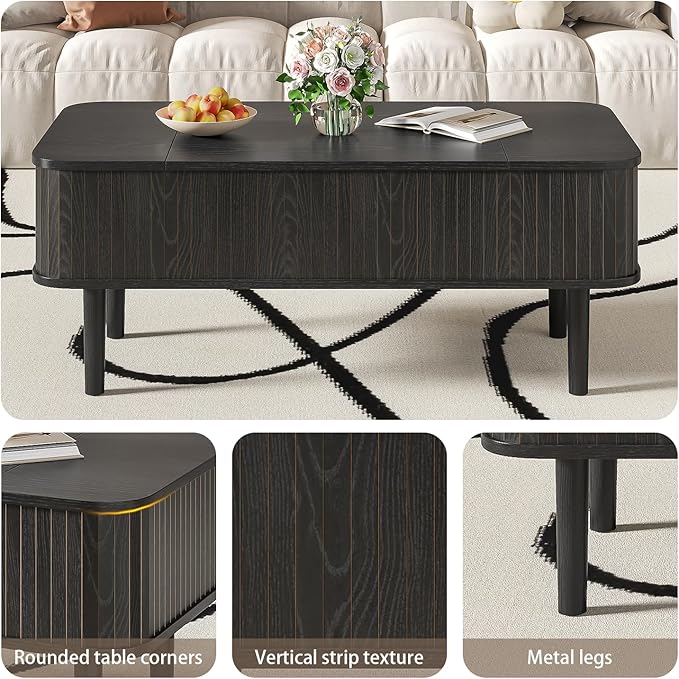 Coffee Table Lift Top, Fluted Coffee Table with Storage, Black Coffee Tables for Living Room, Modern Center Table with Metal Legs