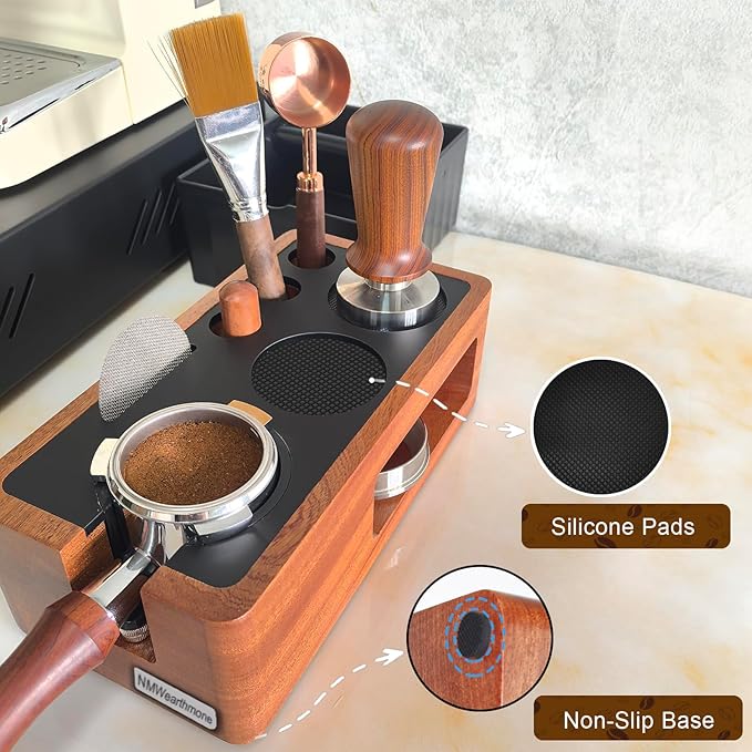 NMWearthmone Espresso Tamping Station,Solid Wood Espresso Accessories Organizer,Multi-Functional Coffee Accessories Tamper Station,Espresso Station Fit For Standard Portafilter (Upgraded Red, 51-58mm)