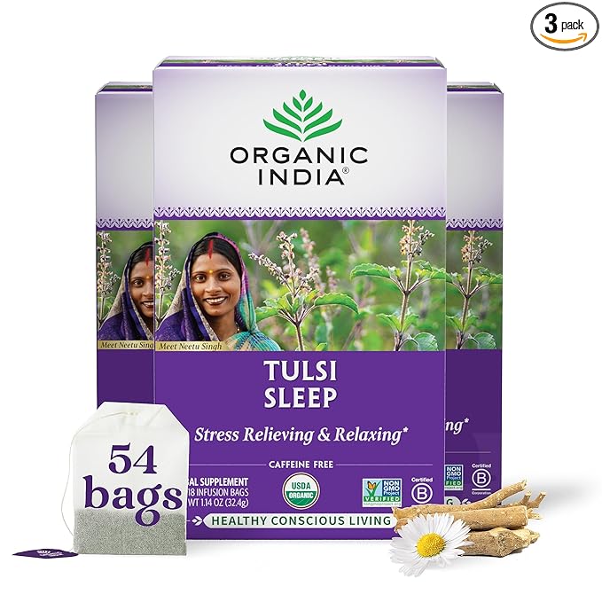 ORGANIC INDIA Tulsi Sleep Herbal Tea - Holy Basil, Ashwagandha, Chamomile, Night Time Tea for Bedtime, Stress Relieving & Relaxing, Immune Support, USDA Certified Organic - 18 Infusion Bags, 3 Pack