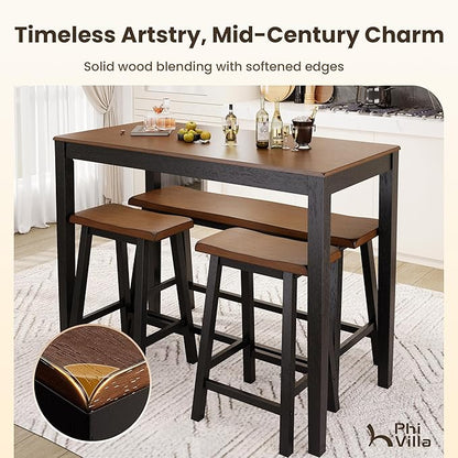 PHI VILLA Dining Table Set for 4, Counter Height Dining Table with 2 Chairs and 1 Bench, Solid Wood Table Sets for Farmhouse, Rustic Kitchen and Dining Room Table Set with Chairs, Walnut with Black