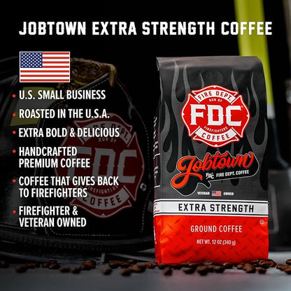 Fire Department Coffee - Gives Back to Firefighters - Jobtown Extra Strength Ground Coffee - Rich & Bold Dark Roast - Roasted in the USA - Veteran Owned - 12 oz