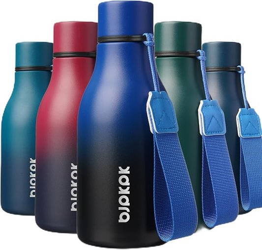 BJPKPK Insulated Water Bottles, 12oz Stainless Steel Metal Water Bottle with Strap, BPA Free Leak Proof Jugs, Mugs, Flasks, Reusable Thermal Flasks for Sports & Travel, Blue Black