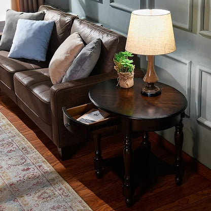 Solid Wood Oval End Table with Drawer and Storage Shelf, 28" Traditional Retro Side Table Polished Edging Sofa Table Bedside Nightstand for Living Room Bedroom Home, Vintage Walnut