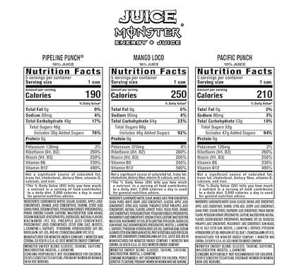 Monster Energy Juice Monster Variety Pack, Pipeline Punch, Mango Loco, Pacific Punch, Energy+Juice, Energy Drink, 16 Ounce (Pack of 15)