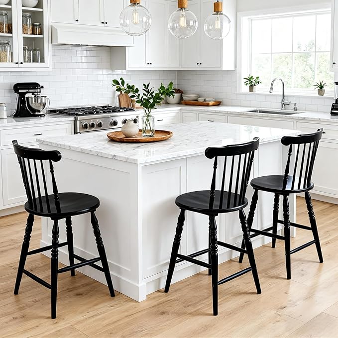chairus 24" Black Windsor Counter Height Bar Stools Set of 4, Farmhouse Wooden Counter Stools with Spindle Back & Turned Legs, Rustic Vintage Colonial Bar Chairs for Kitchen Island