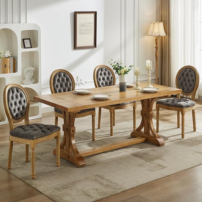 French Country Dining Chairs Set of 8, Grey Velvet Upholstered Dining Chairs, Tufted Back, Solid Wood Legs, Farmhouse Kitchen & Dining Room Chairs, Sillas De Comedor (Gray, 8Pcs)