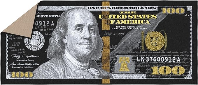 Ottomanson 22" x 53" $100 Bill Money Rug - Durable & Non-Slip Area Rug - Fun & Eye-Catching Decor for Bedroom, Office, Game Room & Man Cave - Unique Gift for & Trendy Home Decor, Black/Gold