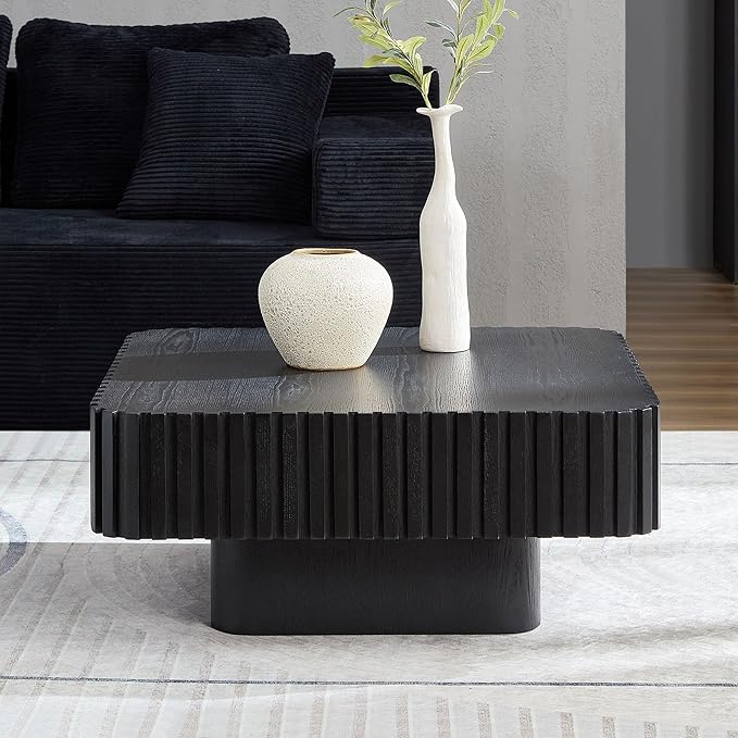 Square Wood Coffee Table for Living Room Modern Drum Wooden Fluted Handcraft Center Tea Cocktail Small Space, Easy Assembly 31.5" W x13.77 H Black