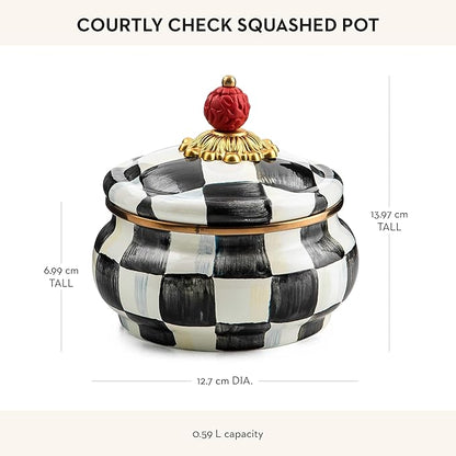 MACKENZIE-CHILDS Enamel Squashed Pot, Cute Enameled Container with Lid, 20 Ounces, Black-and-White Courtly Check