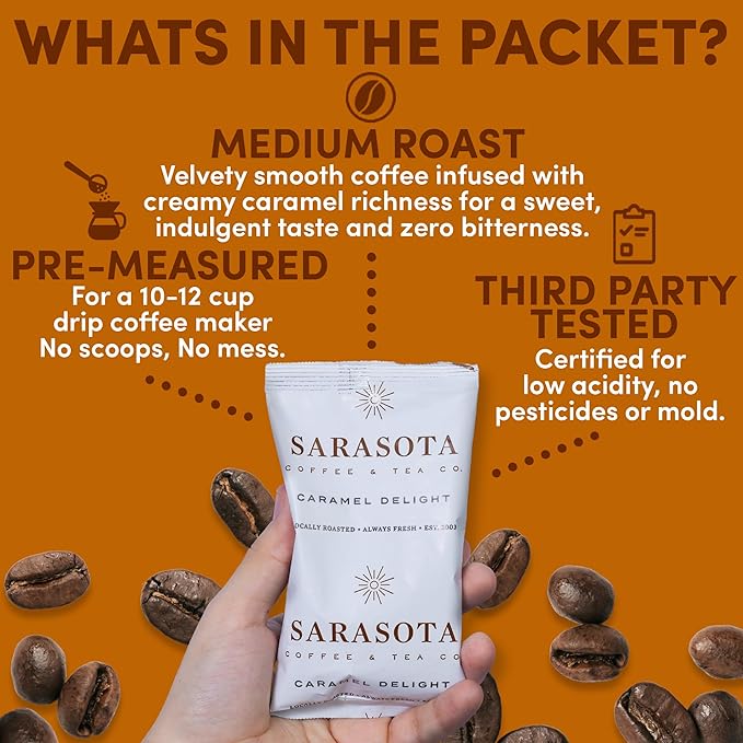 Coffee Packets – Salted Caramel Flavored Ground Coffee Packs | Gourmet Medium Roast, Low Acid Mold Free Pre-Measured Pouches for 12 Cup Brewers | 2 oz Single-Pot Bags, 36 Count – Sarasota Coffee