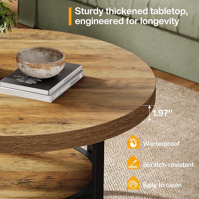 Tribesigns Round Coffee Table, 31.5" Modern Wood Circle Center Table with Storage Shelf and Metal Frame, 2-Tier Industrial Accent Cocktail Table for Living Room, Small Space, Apartment, Brown
