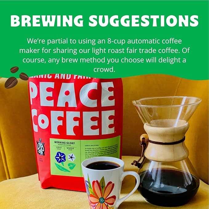 Peace Coffee Morning Glory Signature Blend | 5 lb Ground Light Roast | Organic Fair Trade | Smooth, Mild Flavor | Shade Grown, Fresh Roasted
