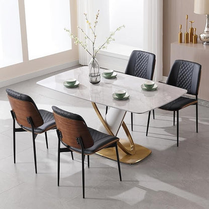 BV Dining Chairs Set of 6, PU Leather Armless Kitchen Chair in Modern Walnut Style, Mid Century Bentwood Side Chair with Metal Legs, Retro Accent Guest Chair for Kitchen Dining Room(Black)