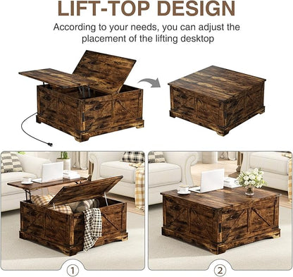 Coffee Table with Hidden Storage, 35.4" W Farmhouse Lift Top Wood Square Center Table with Charging Station, Rustic Cocktail Tables with Flip Top Lids for Living Room, Home Office, Rustic Brown
