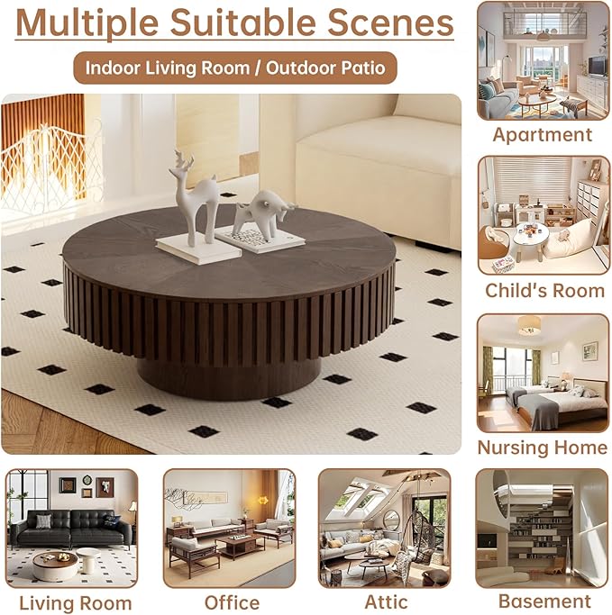 Round Coffee Table with Storage 31.4" Modern Brown Fluted Coffee Table Low Round Storage Drum Pedestal Coffee Tables for Living Room Farmhouse (Brown A 31.4in)