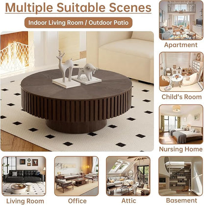 Round Coffee Table with Storage 31.4" Modern Brown Fluted Coffee Table Low Round Storage Drum Pedestal Coffee Tables for Living Room Farmhouse (Brown A 31.4in)