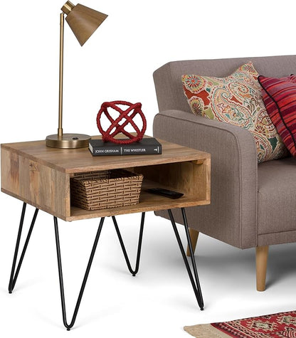 SIMPLIHOME Hunter SOLID MANGO WOOD and Metal 22 inch Wide Square Industrial End Side Table in Natural for the Living Room and Bedroom