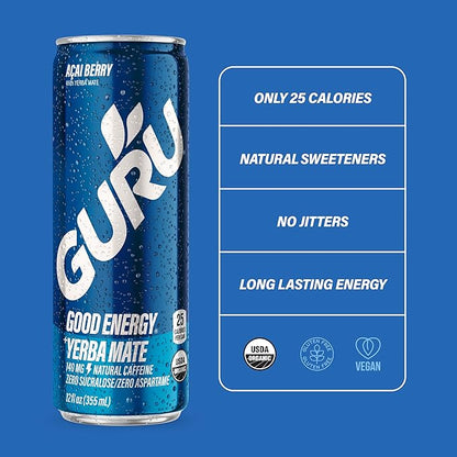 GURU Yerba Mate Organic Energy Drinks, Clean Energy Drink with Plant Based Natural Caffeine from Green Tea, Low Calorie, Gluten Free, 140mg Caffeine, Healthy Drinks, Acai Berry, 12oz (Pack of 24)