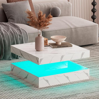 White Marble LED Coffee Table for Living Room, Living Room Table 2-Tier Square Middle Center Table, Modern Coffee Tables with Storage, Contemporary Wood Tea Tables for Dining Reception
