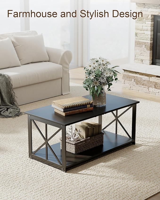 Rectangle Coffee Table for Living Room, Wood Rustic Coffee Table with 2 Tier and Metal Frame, Industrial Modern Center Table, Dark Brown