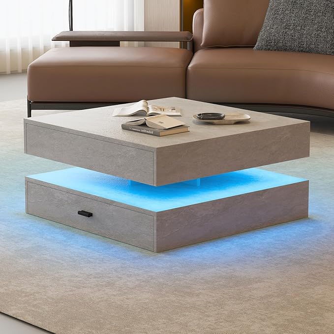 Grey LED Coffee Table for Living Room, 2-Tier Living Room Table Square Center Table, Modern Coffee Tables with Storage, Middle Wooden Tea Tables for Home Office