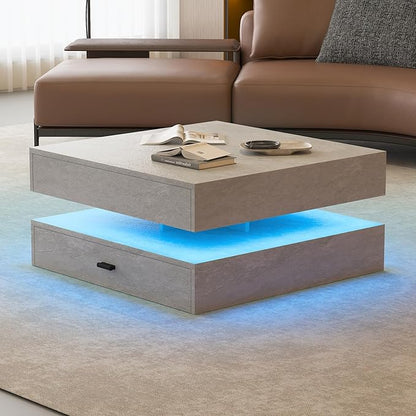 Grey LED Coffee Table for Living Room, 2-Tier Living Room Table Square Center Table, Modern Coffee Tables with Storage, Middle Wooden Tea Tables for Home Office