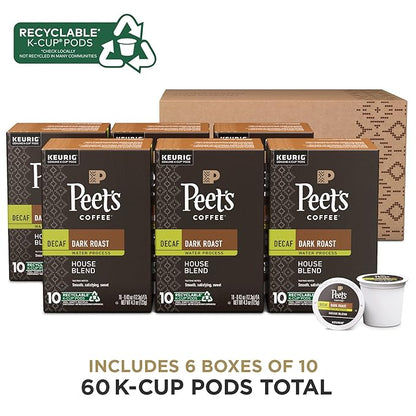 Peet's Coffee, Dark Roast Decaf Keurig K-Cup Pods - Decaf House Blend 60 Count (6 Boxes of 10 K-Cup Pods)