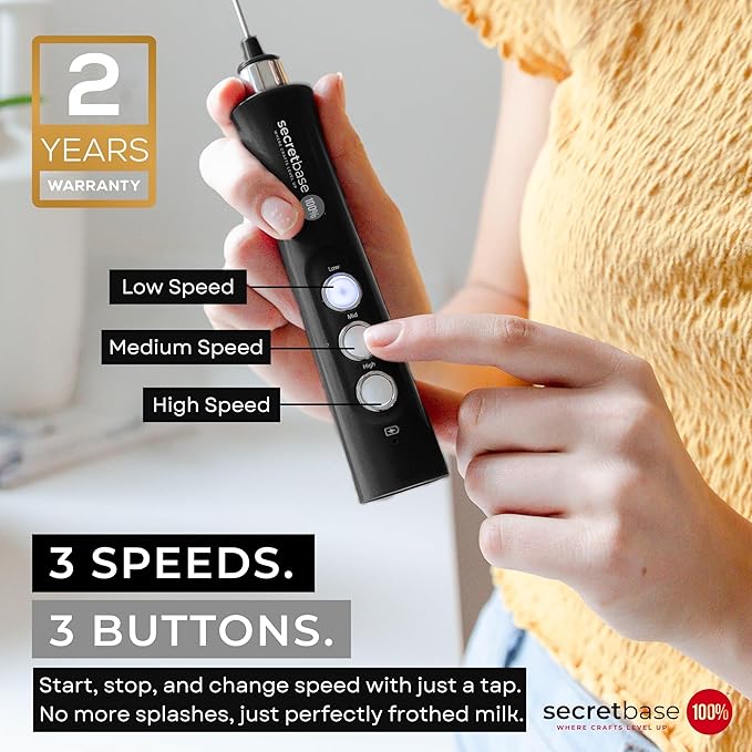 Secretbase 3 Speed Rechargeable Milk Frother and Cup Set, Cordless USB Type-C Charging Cradle - Handheld Milk Frother, Double-thickness Whisk, Tiny Egg Beater, Mini Electric Coffee Stirrer(Black)