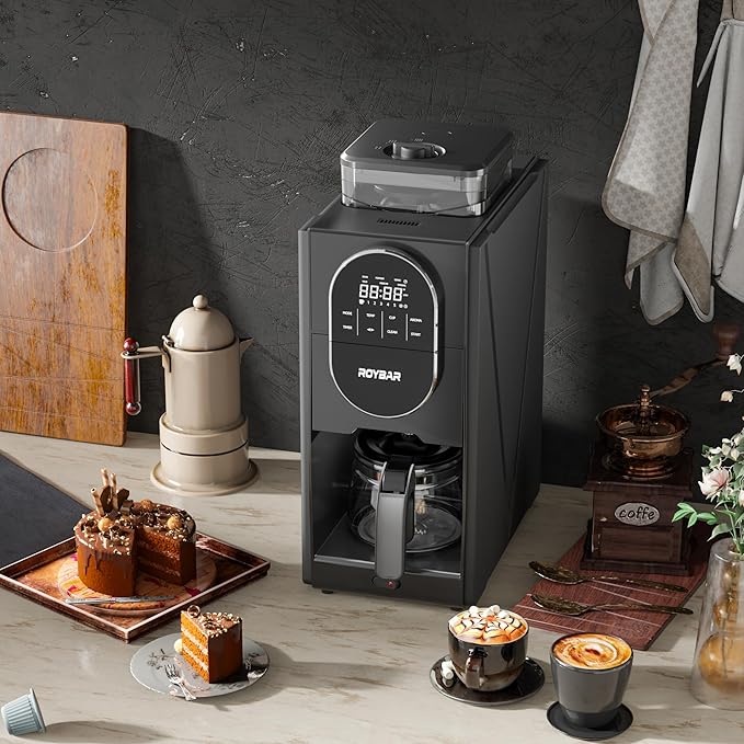 Coffee Maker with Grinder, Programmable Hot and Cold Coffee Maker with 22 oz Glass Carafe, Adjustable Fully Automatic grind and brew Coffee Machine with Timer, Black Americano Iced Coffee Machine