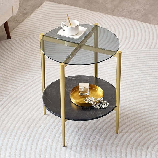 Round Glass End Table, Mid-Century Modern Design Sofa Table for Living Room, D18 x H23 in, 2-Tier Structure, Grey Glass Top and Black Marble Shelf, Sleek Conical Legs with Gold Finish Frame