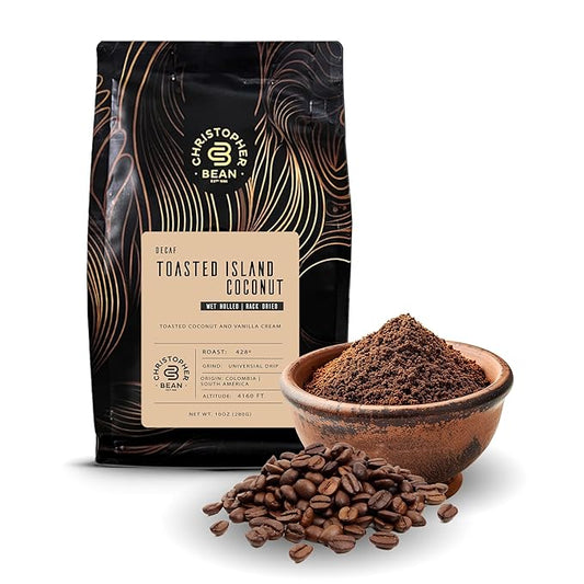 Christopher Bean Coffee - Certified Kosher - Decaf Ground Universal Drip Toasted Island Coconut Flavored Coffee| Flavored Coffee with Medium Roast 100% Arabica, No Sugar, No Fats, Non-GMO | 10-Ounce