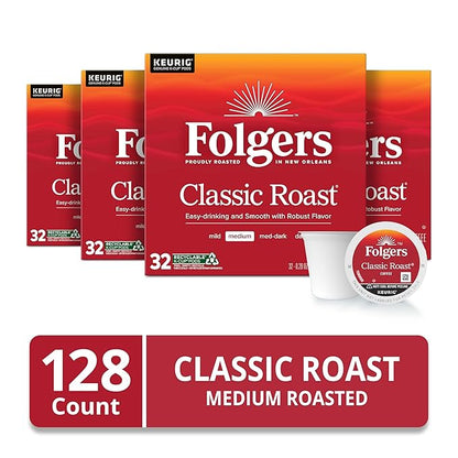 Folgers Classic Roast Medium Roast Coffee, 128 Keurig K-Cup Pods