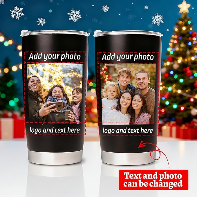 Personalized Coffee Tumbler with Pictures Text, 20oz Custom Insulated Stainless Steel Tumbler, Customized Christmas Birthday Gifts for Women Men, Custom Travel Coffee Cup with Lids