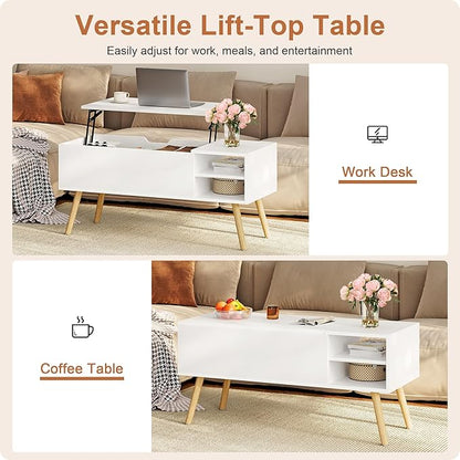 ALINE FURNITURE White Coffee Table Lift Top - Coffee Table with Solid Wood Legs, Hidden Storage Compartment & Open Shelves - 40" Lift Up Coffee Tables for Living Room