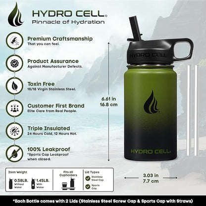 HYDRO CELL Stainless Steel Insulated Water Bottle with Straw - For Cold & Hot Drinks - Metal Vacuum Flask with Screw Cap and Modern Leakproof Sport Thermos for Adults (Army/Black 14oz)
