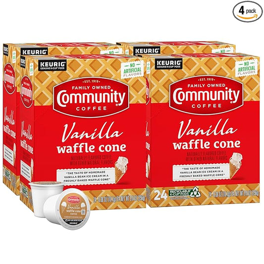 Community Coffee Vanilla Waffle Cone 96 Count Coffee Pods, Ice Cream Flavored, Compatible with Keurig 2.0 K-Cup Brewers, 24 Count (Pack of 4)