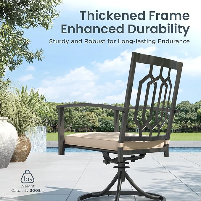 PHI VILLA Outdoor Metal Swivel Chairs Set of 6 Patio Dining Rocker Chair with Cushion Furniture Set for Garden Backyard Bistro, Black