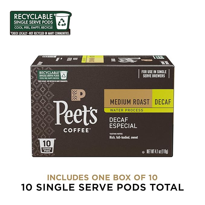 Peet's Coffee, Medium Roast Decaf Single Serve Coffee Pods - Decaf Especial 10 Count (1 Box of 10 Pods)
